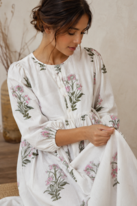 Vestido Largo Kaftán Bohemio de Algodón 100% con Estampado Floral de Jaipur, Holgado, Natural, Transpirable, para Mujer, Verano, Playa, Resort - Product Image 4