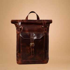 Prestige Genuine Leather <b>Roll</b> Top <b>Backpack</b> Top Layer Cowhide Leather Laptop Bag For Men Executive Travel LRTB-0140 - Product Image 1