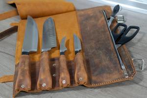 Leather Knife <b>Roll</b> Storage <b>Bag</b> With Zipper Closure Vintage Style Durable <b>Tool</b> Organizer For Chef <b>Tools</b> - Product Image 3