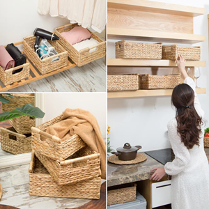 Versatile Water Hyacinth Storage Basket, Scalloped Handwoven Closet Organizer <b>Box</b> With Wooden Handles, Vietnam Factory Price - Product Image 3