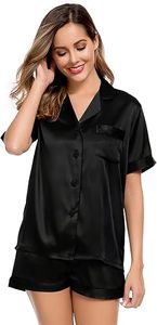 Conjunto de pijama de manga corta de satén negro para mujer, ropa de dormir con cuello vuelto y botones en la parte delantera, estilo elegante de verano - Product Image 5