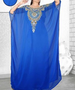 Abaya Casual Larga hasta el Suelo, Bordada en Azul, de Poliéster, Talla Grande, para Mujer, Estilo Oriente Medio, Corte Regular, Manga Larga, Vestido Modesto con Cuello Alto - Product Image 1