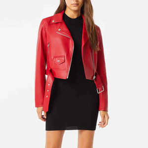 Veste en cuir élégante de couleur rouge unie de qualité supérieure avec deux poches zippées pour femme, vente en gros, veste en cuir pour femme avec col montant - Product Image 5