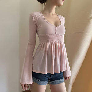 Camiseta de Manga Larga Informal y Holgada para Mujer, con Cuello en V, Encaje, Color Sólido, Estilo Simple y Lindo - Product Image 3
