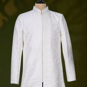 Elegant <b>White</b> Silk Indo Western Sherwani Men Royal Groom Wedding Attire Heavy Self Tone Floral Paisley Embroidery Suit - Product Image 1