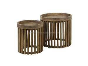 Juego de Mesas Auxiliares Redondas de Madera con Listones, Diseño de Jaula de Madera Maciza, Mesa de Centro Moderna Estilo Barril de Madera, Juego de Mesas Auxiliares 2026 - Product Image 4