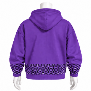 Purple Embroidered Border Hoodie Oversized Pullover <b>Fleece</b> <b>Sweatshirt</b> Decorative Hem Cuffs Kangaroo Pocket Casual Streetwear Top - Product Image 2