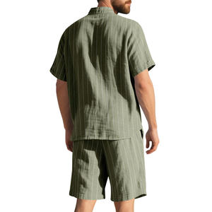 เสื้อเชิ้ตผู้ชายลายทางพิมพ์ลายหลวมๆ แขนสั้น ปกคอพับ ชุดเซ็ตฤดูร้อน ระบายอากาศได้ดี ชุดลำลองสองชิ้น - Product Image 4
