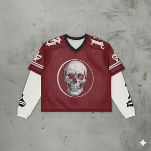 Camiseta de hombre con estampado de calavera, de manga larga, estilo waffle, corte holgado y corto, con diseño gráfico y malla, estilo streetwear - Product Image 1