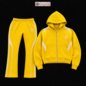 Ensemble de survêtement jaune personnalisé pour homme, sweat à capuche zippé intégral avec empiècements blancs contrastants, pantalon évasé, ensemble deux pièces de sport, vente en gros OEM Streetwear - Product Image 5