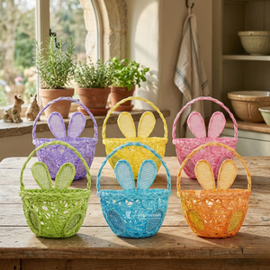 <b>Easter</b> <b>Basket</b>, Bunny <b>Gift</b> <b>Basket</b> with Ears, Colorful Paper Straw Storage <b>Basket</b> for Egg Hunt, Party Favors & Nursery Decor - Product Image 6