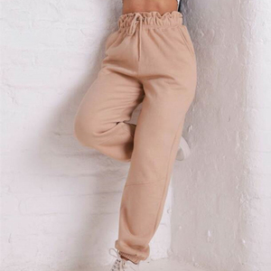 <b>Women's</b> <b>Beige</b> High Waist <b>Jogger</b> Sweatpants Elastic Cuff Loose Fit Ankle-Length Solid Color Side Pockets Breathable Cotton Pants - Product Image 2