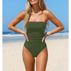 Nouveau Maillot de Bain Femme 2026 – Une Pièce Bandeau Vert Uni Écologique, Coupe Haute, Froncé et Extensible - Product Image 1