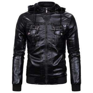 Blouson de motard pour homme en cuir PU à capuche avec doublure en fausse fourrure, fermeture éclair, couleur unie, coupe ajustée, style moto, pour l'automne - Product Image 3