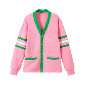 Pull d'hiver en acrylique tricoté contrastant rose et vert, unisexe, à manches longues, col rond, maille ouverte, anti-plis, doublure en laine, boutonnage frontal - Product Image 2