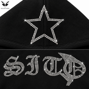 Sudadera con capucha de algodón pesado para hombre, negra, con pedrería, estilo streetwear, hombros caídos, gráfico de diamantes, personalizada - Product Image 5