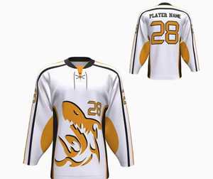 Maillot de hockey sur glace personnalisé pour homme, manches longues, noir et jaune, imprimé crâne, en polyester anti-humidité, col rond, uniforme adulte - Product Image 6