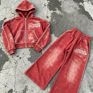 OEM Vintage Washed Rhinestone Tracksuit Unisex <b>Cropped</b> <b>Zip</b> <b>up</b> Hoodie Wide Leg Sweatpants 2 Piece Y2K Hip Hop Streetwear Set - Product Image 1