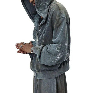 Men's Oversized <b>Vintage</b> Acid Wash Hoodie And Flared Sweats Set Rhinestone Graffiti Heavy Zip Up Sun Faded <b>Tracksuit</b> Men - Product Image 5