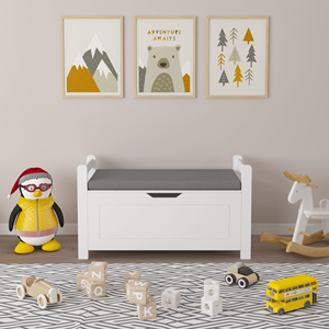 Boîte à jouets en bois de caoutchouc blanc pour enfants grande armoire de rangement coussin siège banc couvercle rabattable charnière de sécurité organisateur coffre pour pépinière - Product Image 2