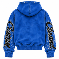 Sweat à capuche zippé personnalisé bleu avec strass pour homme, style streetwear oversize, effet délavé, brodé, vêtements de marque sur mesure