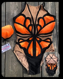 Traje de baño de una pieza para mujer con cuello en V profundo, estampado de mariposas naranjas, pedrería, diseño hueco, cintura alta, de spandex y poliéster - Product Image 2