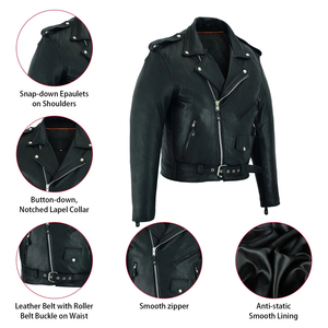 Veste de moto en cuir véritable pour homme, noire, col rabattu, fermeture éclair, ceinture, coupe classique, pour l'hiver - Product Image 3