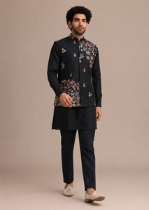 <b>Men</b> Embroidered Navy Blue <b>Kurta</b> Set Floral Woven Formal Indian Pakistani Clothing Wedding Wear - Product Image 1