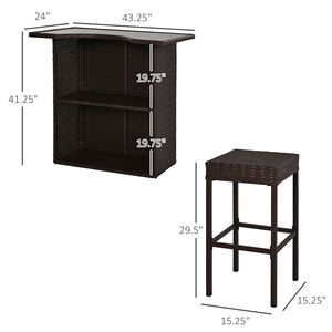 Ensemble de bar en rotin brun 5 pièces pour terrasse extérieure et jardin, comprenant une table avec plateau en verre, 4 tabourets de bar avec étagère de rangement à 2 niveaux - Product Image 3