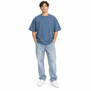 T-shirt bleu surdimensionné personnalisé en gros, unisexe, en coton épais, à épaules tombantes, vierge, style streetwear, vêtements à marque privée - Product Image 3