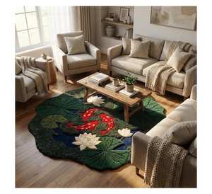 Tapis décoratif unique inspiré de la nature, en forme irrégulière, à poils longs tuftés à la main, motif poisson Koi japonais abstrait et étang de lotus - Product Image 2