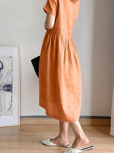 Robe midi en lin, col rond, manches courtes, coupe ample, couleur unie, respirante, décontractée, robe d'été pour femmes - Product Image 2