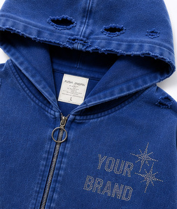 Sweat à capuche personnalisé avec logo en strass, surdimensionné, épais, zippé, effet vieilli, lavage vintage, streetwear, OEM, en molleton de coton - Product Image 5