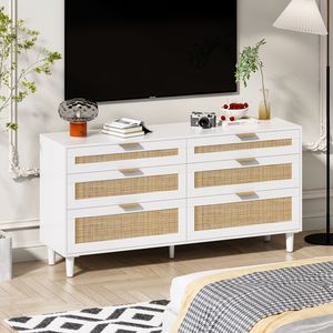 Cassettiera in Rattan a 6 Cassetti da 150 cm con Maniglie in Metallo e Gambe in Legno per Armadio Guardaroba da Camera da Letto - Product Image 3