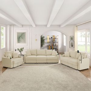 Moderno divano in velluto a coste Beige a 6 posti Set da soggiorno con divano a sedere profondo e porta telefono porte di ricarica - Product Image 1