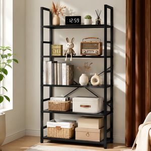 Étagère à livres autoportante à 5 niveaux, 62x24 pouces, étagère de rangement ouverte avec cadre en métal noir - Product Image 1