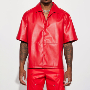 Camiseta de Manga Corta para Hombre, Estilo Cuero, Color Rojo, Corte Holgado, Estilo Urbano, Color Sólido, Corte Regular, Tejido de Punto - Product Image 1
