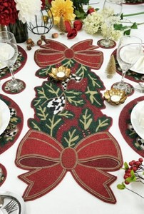 Christmas Table Runner with <b>Red</b> <b>Bow</b> and Holly Design Fabric Mats for Dining Table Decoration - Product Image 2