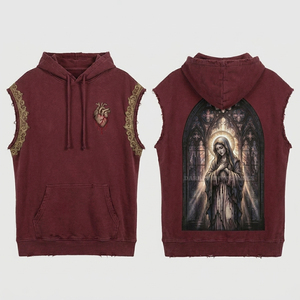 Haut sans manches rouge bordeaux pour femme, broderie Sacré-Cœur, motif vitrail, effet vieilli, lavage vintage, style gothique, gilet d'église - Product Image 1