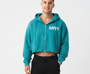 <b>Men</b> Crop Zipper Hoodie <b>Top</b> Casual 100%Cotton Drop Shoulder Running Hoody Zipper <b>Top</b> Oversize Fleece Workout <b>Zip</b> <b>Up</b> Crop Hood <b>Top</b> - Product Image 2