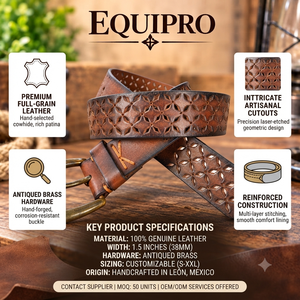 Cinturón Casual de Cuero Genuino Marrón Equipro, Diseño Calado con Patrón de Espiga, Transpirable, Hebilla Cuadrada Vintage - Product Image 4