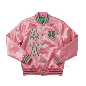 Chaqueta bomber universitaria de satén rosa y verde de la hermandad AKA, con bordado de letras griegas, cortavientos, para mujer, estilo crop, para universidades y HBCU. - Product Image 1