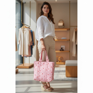 Bohemian Quilted Tote Bag for Women Cotton Hand Print Light for Pink <b>Gingham</b> Check with <b>Red</b> Heart Beach Essential - Product Image 2