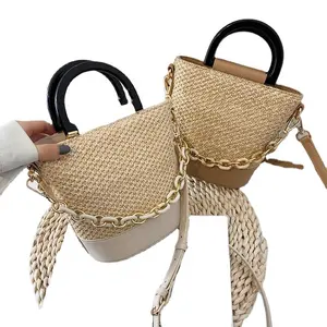 Summer Weave Tote Bag Straw Shoulder Bucket Bags Acrylic Chain Women Fashion Messenger Crossbody Beach Bag