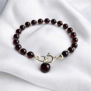 Natural Black Cherry Baltic Amber <b>Silver</b> Charm <b>Bracelet</b> Red Gemstone Dainty Minimalist Jewelry For Women - Product Image 1