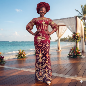Vestido de Encaje George con Bordado Borgoña |   Vestido Maxi Tradicional Africano de Lujo para Mujer, para Bodas y Fiestas - Product Image 1