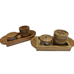 Ensemble brûle-encens en bois sculpté sur plateau décoratif avec un pot à couvercle en treillis et un récipient de rangement en acrylique pour l'aromathérapie - Product Image 3