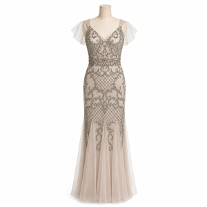 Luxury Women Champagne Embroidered Evening Gown Elegant V Neck Mermaid Maxi Dress Premium Designer Party Wear Wedding Reception - Product Image 1