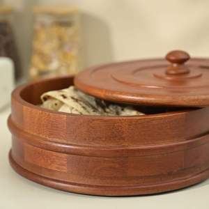 Round Kitchen Chapati Roti Box Light Brown Wooden Chapati & Roti Casserole Round Shape Durable Serving Box Flip Top Wooden <b>Lid</b> - Product Image 5