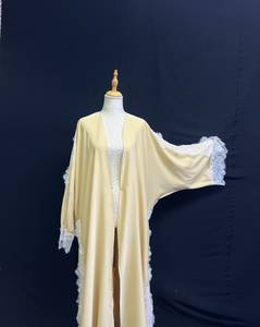 Wholesale Modest <b>Yellow</b> Lace Trim Open Front Polyester Floral Beaded Long Sleeve V Neck Loose Maxi Abaya Kimono - Product Image 6